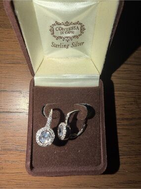 Contessa di Capri Sterling Silver White Halo Drop Earrings